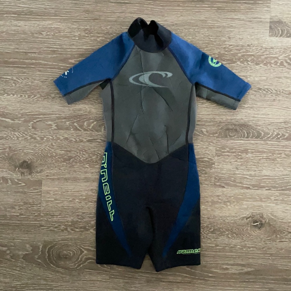O'Neill Kids Short Sleeve Wetsuit in Blue, Gray, Black with Neon Green Accents